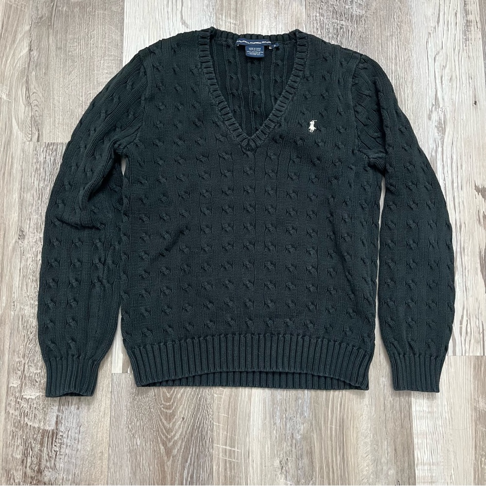 Ralph Lauren Sport Cableknit Sweater Womens XL Black V Neck